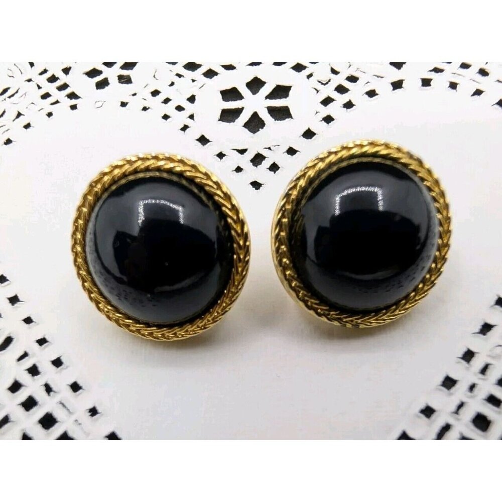 Vtg LCi Liz Claiborne Earrings Pierced Faux Onyx Domed Cabochon gold trim  0.75"